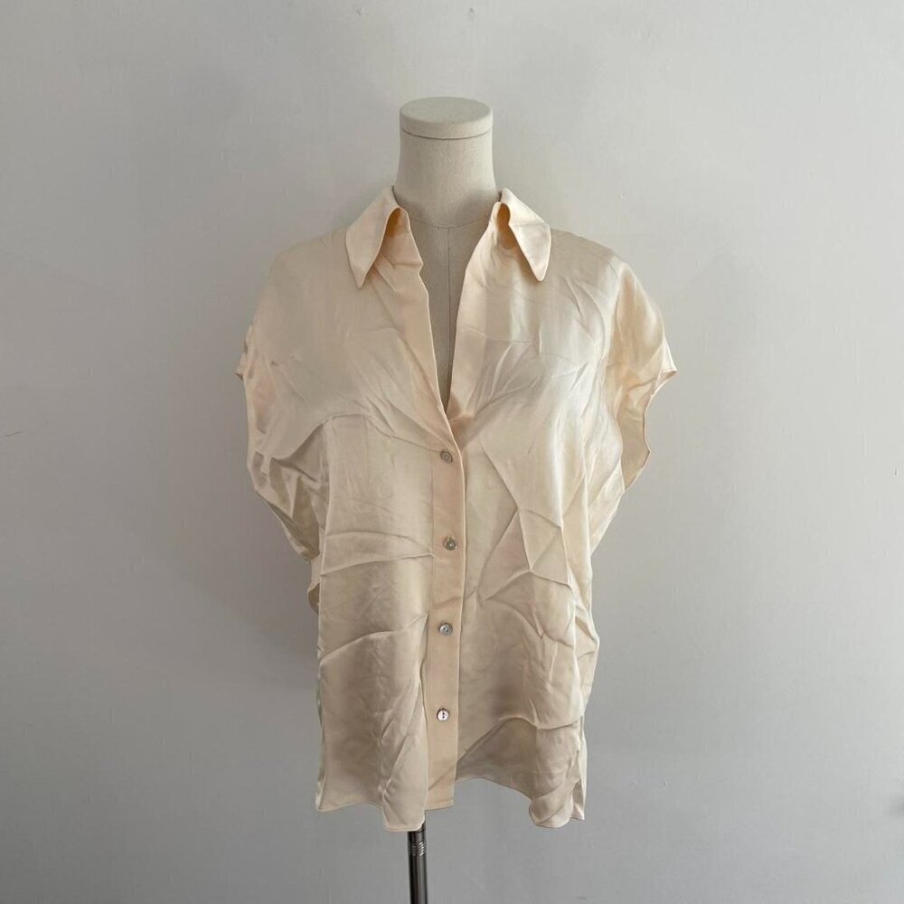 Vince 100% Silk Button Down Blouse | Beige Champagne Satin | Women’s Size Medium